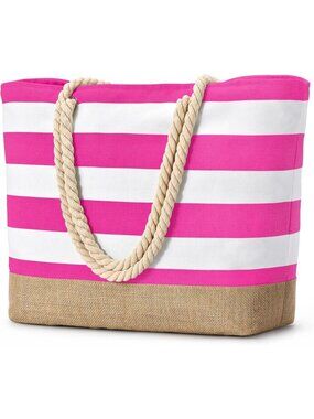 Women's Pink Large Canvas Jute Beach Tote Bag Sandproof Swim Pool Bag Zipper
